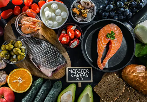 Food products representing the Mediterranean diet 