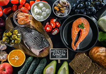 Food products representing the Mediterranean diet