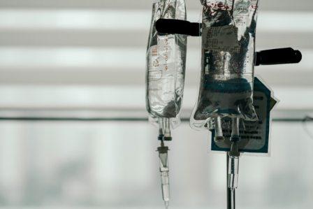 The new COVID-19 plasma treatment is administered intravenously through a drip bag, shown here.