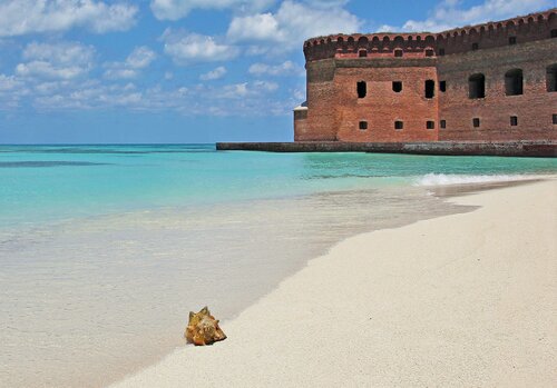 Fort Jefferson and beach located in Dry Tortugas National Park is photographed.
