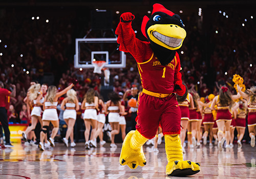 A cardinal college mascot walks off the basketball court.