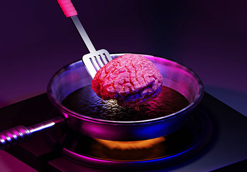 A cartoon brain is being lifted out of a frying pan with a spatula. We examine the relationship between nutrition and neurology. 