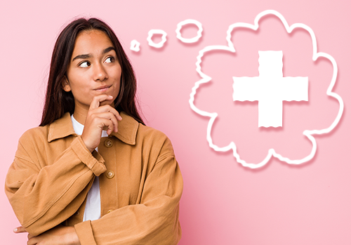 woman thinking about health with cross and though bubble
