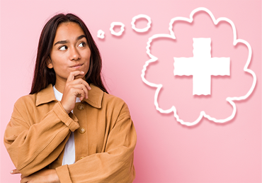 individual health coverage woman thinking about health with cross and though bubble