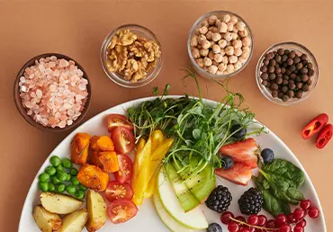 Top-down view of various foods that lower stress.